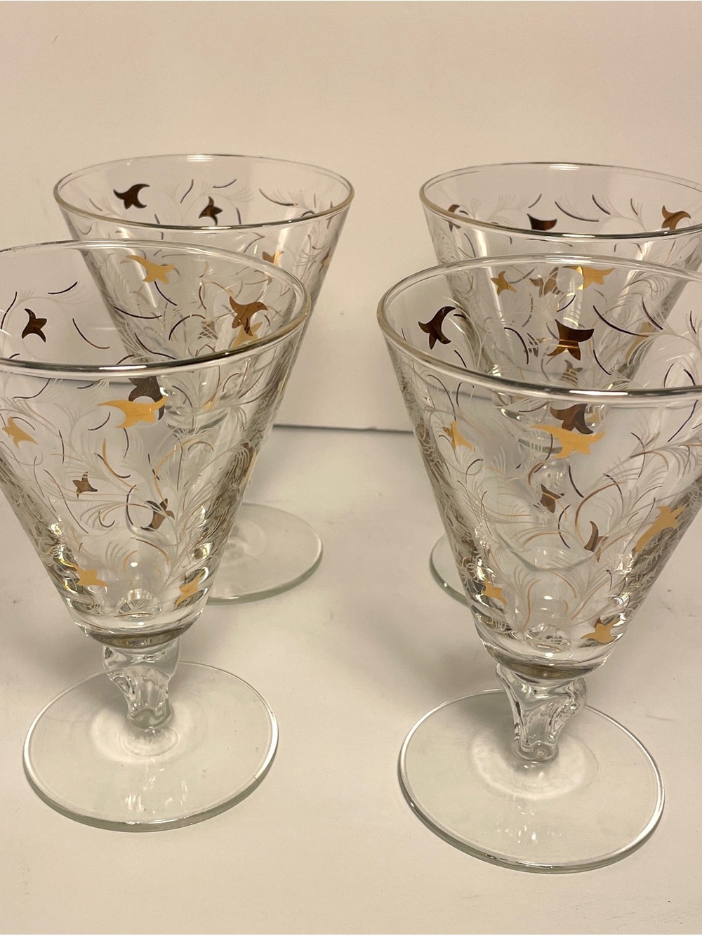 VTG Libbey Royal Fern Glasses MCM 22k Gold Rim Stem Goblets, Set of 4
